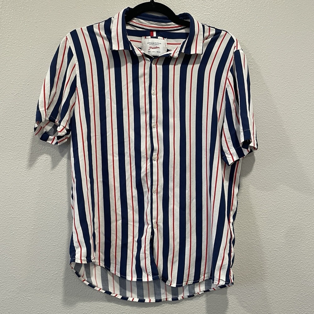 Denim and Flower Ricky‎ Singh Freedom Red/White/Blue Striped Button Down Shirt L
